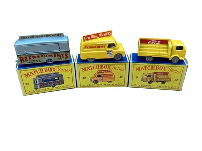 Lot 1984 - Matchbox 1-75 Series selection including No. 37 Coca-Cola lorry, No. 42 Evening News van, No. 74 Mobile Canteen, No. 10 Sugar Container, No. 21 Milk Delivery truck, No. 23 Caravan Trailer, No. 56 T...