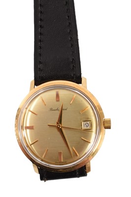 Lot 285 - 1960's Gentlemen's 9ct gold Bueche - Girod automatic calendar wristwatch with champagne dial, baton hour markers, centre seconds and calendar aperture at the 3 o'clock position, on a black leather...