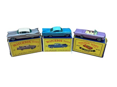 Lot 1985 - Matchbox 1-75 Series selection including No. 17 Metropolitan Taxi, No. 29 Austin Cambridge, No. 39 Pontiac Convertible, No. 57 Chevrolet Impala, No. 27 Cadillac Sedan, No. 53 Aston Martin all boxed...