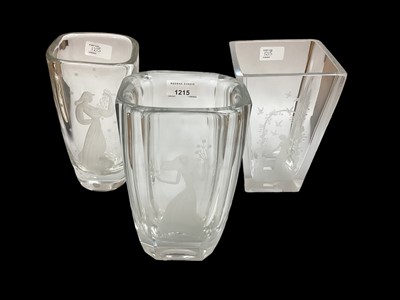 Lot 1215 - Three mid century Orrefors glass vases with etched female decoration, all signed