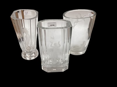 Lot 1216 - Three mid century Orrefors glass vase with etched nude female decoration, all signed