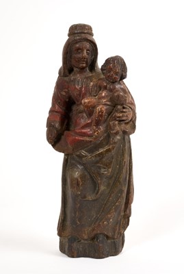 Lot 804 - Early antique carved niche figure of the Madonna and child, with remains of paintwork