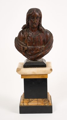 Lot 803 - Early antique carved wood figure of Christ, on later marble plinth base