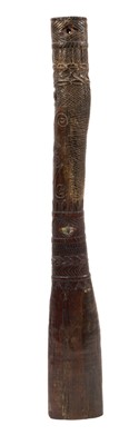 Lot 818 - Antique Maori carved wood and abalone-inlaid club or cloth beater, with geometric decoration