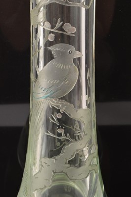 Lot 10 - Large and heavy Chinese carved glass vase, possibly Peking, decorated with a bird perched amongst branches, and calligraphy