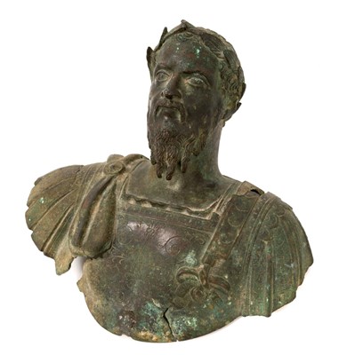 Lot 711 - Interesting Grand Tour or earlier bronze bust of a Roman Emperor, by repute dug up in Colchester