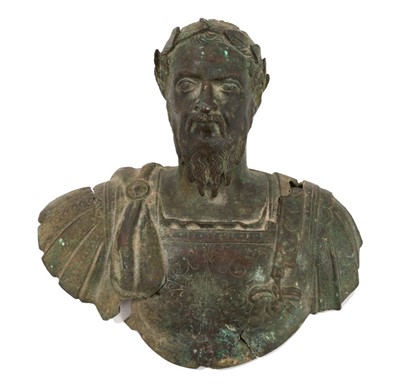 Lot 711 - Interesting Grand Tour or earlier bronze bust of a Roman Emperor, by repute dug up in Colchester