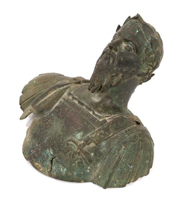 Lot 711 - Interesting Grand Tour or earlier bronze bust of a Roman Emperor, by repute dug up in Colchester