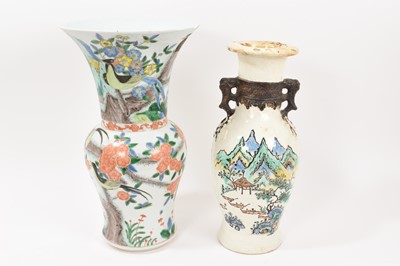 Lot 251 - Unusual Chinese baluster vase, decorated with a landscape scene and calligraphy, and a famille verte porcelain vase, possibly Samson (2)