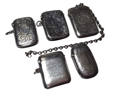 Lot 300 - Victorian silver vesta case with engraved decoration, (Birmingham 1906), together with four other silver vesta cases (various dates and makers), (5).