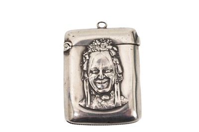 Lot 303 - Victorian silver `Charley`s Aunt` vesta case, the front decorated in relief with a portrait, the reverse inscribed `From Charley`s Aunt, Dec 21st 1895', (Sheffield 1895), maker Walker & Hall. Note...