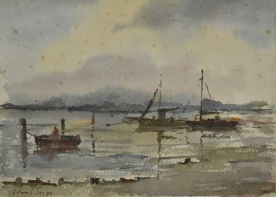 Lot 1026 - Manner of Edward Seago (1910-1974) watercolour - At Anchor, unframed, 18.5cm x 25.5cm, together with another work in the manner of Philip Wilson Steer