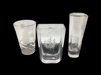 Lot 1227 - Three mid century Orrefors glass vases with etched decoration, one with galleon, one with tree and one with figures, all signed