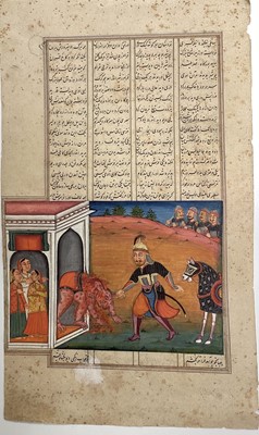 Lot 119 - 19th century Indo-Persian ink and watercolour - The Decapitation, with text, unframed, 37cm x 22cm