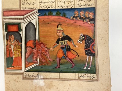 Lot 119 - 19th century Indo-Persian ink and watercolour - The Decapitation, with text, unframed, 37cm x 22cm