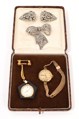 Lot 622 - J. W. Benson gold wristwatch, fob watch and two paste brooches