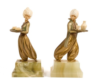 Lot 790 - Ferdinand Preiss (German 1882-1943) pair of cold painted bronze and ivory mounted turbaned figures, on green onyx bases