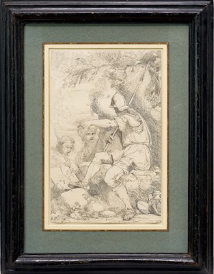 Lot 1099 - English School, circa 1780, pen and ink drawing on paper - A Cromwellian Soldier in Conversation, 28cm x 18cm, in glazed frame