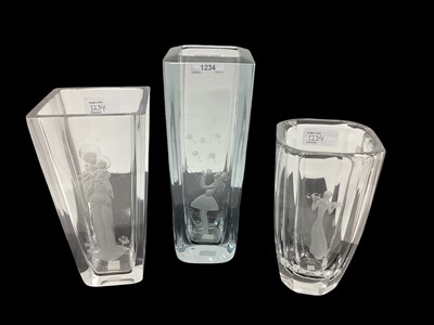 Lot 1234 - Three mid century glass vases with etched figure decoration, all signed