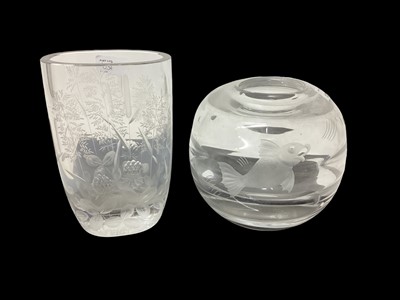 Lot 1236 - Kosta globular glass vase with engraved fish decoration, together with another engraved glass vase, both signed (2)