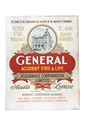 Lot 2601 - Original early 20th century General Accident Fire & Life Insurance poster on card backing, 71 x 56cm overall.