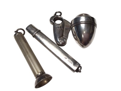 Lot 314 - Victorian silver and steel cigar cutter, (London 1894), silver cigar pricker, silver pencil and a Georgian white metal thimble case in the form of an acorn (4)