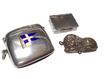 Lot 320 - George V silver vesta case with enamel flag decoration, engraved 'Souvenir of voyage by R.M.S. Burutu, (Sheffield 1910), maker Walker & Hall, together with a Victorian silver plated vesta case in t...