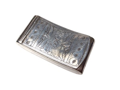 Lot 321 - George III silver snuff box of curved rectangular form with bright cut engraved decoration, hinged lid opening to reveal gilded interior, (Birmingham 1813), maker John Thropp, 4.7cm in length