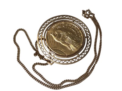 Lot 331 - United States 20 dollar gold coin in yellow metal pendant mount, on 18ct gold chain.