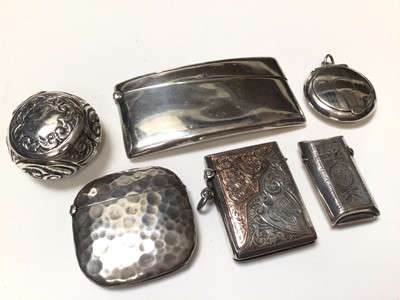 Lot 323 - George V silver card case of curved form, (Birmingham 1919), together with a two silver vesta cases, a German silver vesta case, a silver snuff box and a silver rouge pot (various dates and makers)...