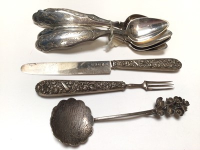 Lot 324 - Five 19th century Dutch silver tea spoons, a George IV silver knife and fork, (Birmingham 1822), maker Joseph Taylor, together with a continental silver (925) spoon.