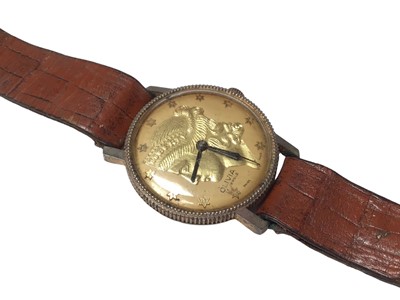 Lot 1108 - Novelty '20 dollar coin' wristwatch - Olivia 17 jewels, on brown leather strap, case 35mm in diameter.