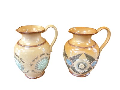 Lot 1247 - Two Doulton Lambeth stoneware jugs Bitter Must Be The Cup and He That Buys Good Ale