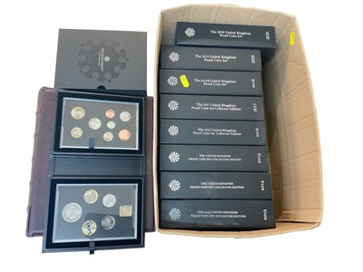 Lot 476 - G.B. - Royal Mint proof coin sets to include collectors editions 2013-2021 in cases of issues, with Certificates of Authenticity. Banknotes to include The Royal Bank of Scotland £20, 2000 commemora...