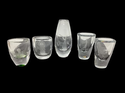 Lot 1250 - Five small Scandinavian glass vases with etched decoration, some signed