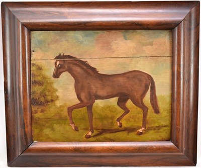 Lot 1045 - English School, oil on panel - A Bay Horse, 29cm x 36.5cm, in rosewood frame