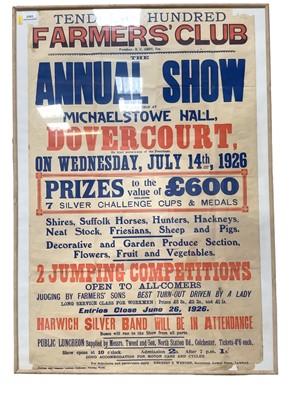 Lot 2593 - Rare 1926 Tendring Hundred Farmer's Club Annual Show show poster in glazed frame, 101 x 71cm overall.