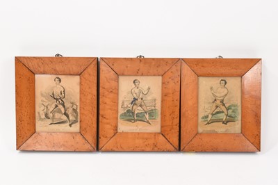 Lot 728 - Of Pugilist interest: three tinted engravings of boxers in maple frames