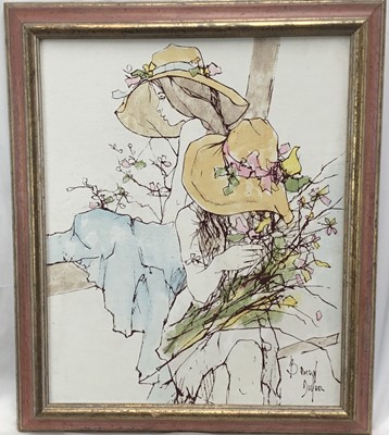 Lot 60 - Bernard Dufour (1922-2016) mixed media on canvas board - Two girls in hats, signed, 45cm x 37cm, framed