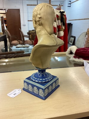 Lot 93 - Early 19th century cane ware bust probably Wedgwood of  Tsar Alexander I (1777-1825), on square Jasper ware base