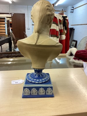 Lot 93 - Early 19th century cane ware bust probably Wedgwood of  Tsar Alexander I (1777-1825), on square Jasper ware base