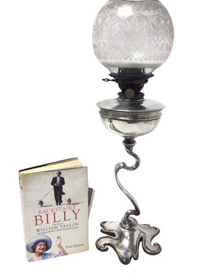 Lot 157 - Formerly the Property of William Tallon RVM, Art Nouveau silver plated oil lamp