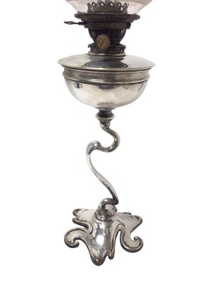 Lot 157 - Formerly the Property of William Tallon RVM, Art Nouveau silver plated oil lamp