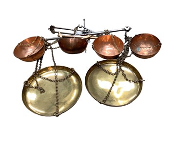 Lot 2569 - Three sets of antique balance scales, including two sets of copper scales (one by Parnall & Sons and with VR registration mark), and one larger brass and iron set stamped 'Stanley Ipswich Norwich'...