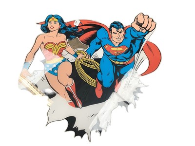 Lot 2603 - Large plastic DC comic book art panel depicting Superman and Wonder Woman, 85cm in height.