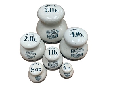 Lot 2572 - Rare set of six Victorian Avery Imperial transfer printed ceramic weights, from 4oz to 7lb, stamped marks