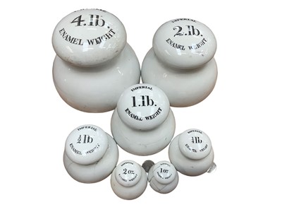 Lot 2573 - Rare set of seven Victorian transfer printed ceramic Imperial Enamel weights, stamped marks