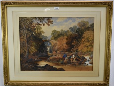 Lot 1071 - James Burrell Smith (1822-1897) watercolour - Figures Fishing on a Highland River, period artists label verso, 47cm x 64cm, in orignal gilt frame