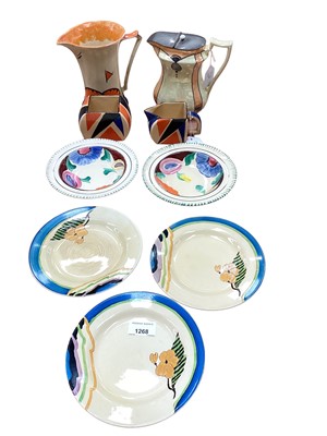 Lot 1268 - Selection of Art Deco ceramics including three Clarice Cliff hand painted plates