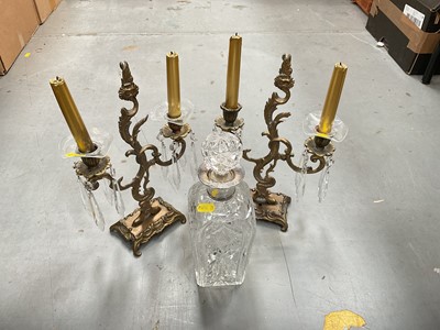 Lot 467 - Cut glass decanter with silver collar and a pair of brass two branch candelabras with glass prismatic drops